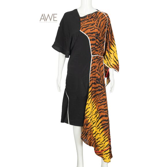 VICTORIA BECKHAM Black Tiger Print Silk Crepe Asymmetric Midi Dress Size 8 UK 12 - Picture 1 of 2
